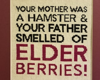 Monty Python Cross Stitch PDF Pattern - Hamsters and Elderberries quote from The Holy Grail