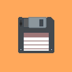 May include: Pixelated illustration of a 3.5-inch floppy disk. The disk is dark gray with a lighter gray sliding metal cover and a brown label area. The background is a solid orange color.