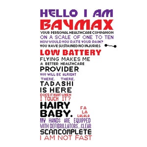 May include: A white background with black and red text that reads "Hello I am Baymax, your personal healthcare companion. On a scale of one to ten, how would you rate your pain? You have sustained no injuries. Low Battery. Flying makes me a better healthcare provider. You will be alright. There. There. Tadashi is here. Does it hurt when I touch it? Hairy Baby. Fa La La Lala. My hands are equipped with defibrillators...clear. Scancomplete. I am not fast."