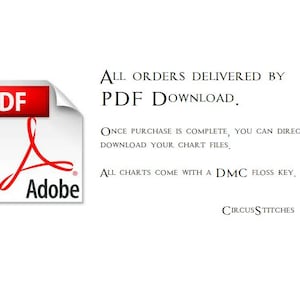 May include: A white background with black text that reads "ALL ORDERS DELIVERED BY PDF DOWNLOAD. ONCE PURCHASE IS COMPLETE, YOU CAN DIRECTLY DOWNLOAD YOUR CHART FILES. ALL CHARTS COME WITH A DMC FLOSS KEY, CIRCUSSTITCHES". The image also includes a red Adobe PDF logo.