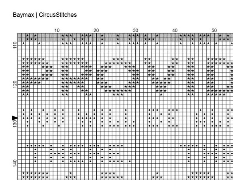 May include: Black and white cross stitch pattern for a Baymax character from the Disney movie Big Hero 6. The pattern is on a grid with numbers and letters for reference.