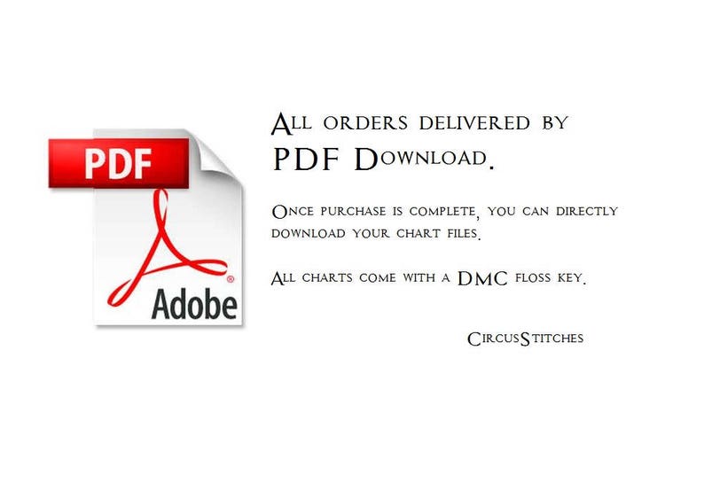 Puede incluir: Fondo blanco con texto e icono PDF. El texto indica que todos los pedidos se entregan mediante descarga de PDF y que los archivos de gr&aacute;ficos se pueden descargar despu&eacute;s de la compra. Tambi&eacute;n menciona que todos los gr&aacute;ficos vienen con una clave de hilo DMC.