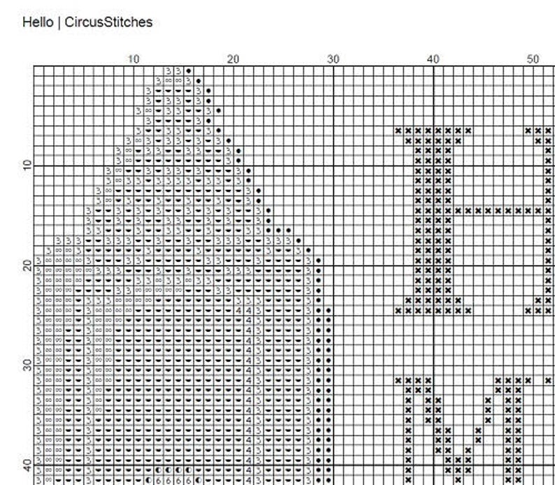 Puede incluir: Un gr&aacute;fico de patr&oacute;n de punto de cruz en blanco y negro con la palabra "Hello" y un dise&ntilde;o de &aacute;rbol de Navidad. El gr&aacute;fico utiliza s&iacute;mbolos para representar los colores de la puntada. La cuadr&iacute;cula est&aacute; numerada para facilitar la colocaci&oacute;n de las puntadas.