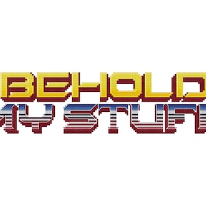 Puede incluir: Un logotipo pixelado de estilo retro con el texto "BEHOLD MY STUFF" en rojo, azul y amarillo.