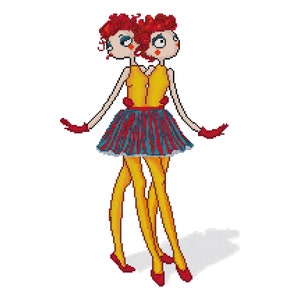 May include: Two-headed doll with red hair, wearing a yellow top, a blue and red striped skirt, and red gloves.