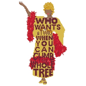 Puede incluir: Una ilustración de arte de píxeles amarilla y roja de una mujer con el texto "WHO WANTS A TWIG WHEN YOU CAN CLIMB THE WHOLE TREE".