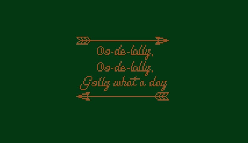 以下が含まれることがあります： 緑色の背景に、茶色の文字で「Oo-de-lally. Oo-de-lally, Golly what a day」と書かれており、文字の上下に茶色の矢印が2つあります。