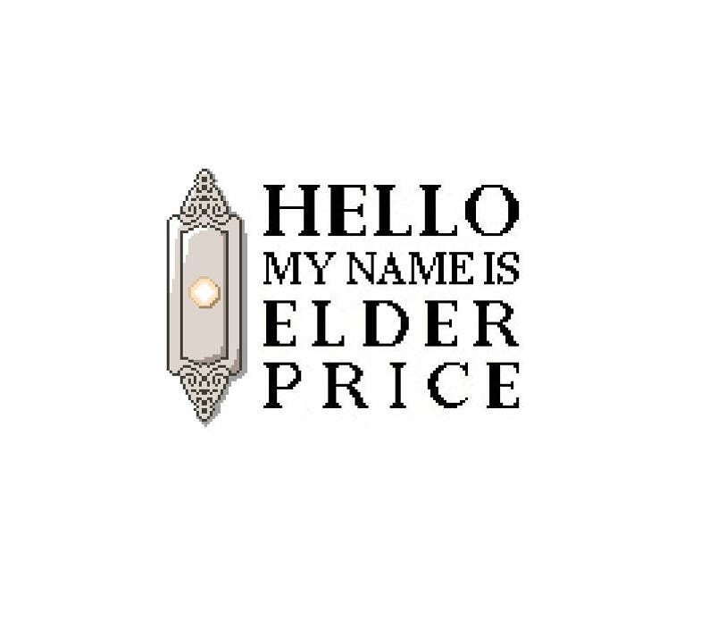 Puede incluir: Un timbre gris claro con detalles ornamentados y un bot&oacute;n central, acompa&ntilde;ado del texto "HELLO MY NAME IS ELDER PRICE" en negro, sobre un fondo blanco.