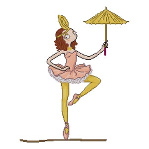 Puede incluir: Una muñeca bailarina con un tutú rosa y medias amarillas sostiene una sombrilla marrón y amarilla. Tiene el pelo castaño y una diadema amarilla.