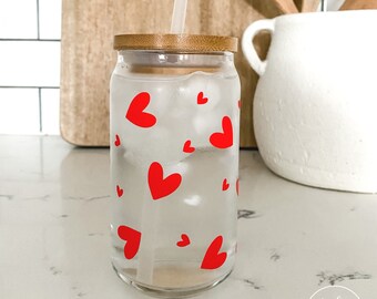Color Changing Hearts Iced Coffee Cup Glass Can with Lid and Straw, Valentine’s Day Beer Can Glass, FREE SHIPPING
