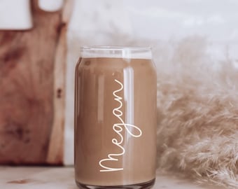 Personalized Iced Coffee Cup Glass with Lid and Straw Gifts for Bridesmaids, Women, Friends