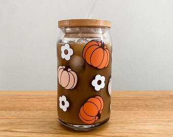 Retro Pumpkin Iced Coffee Glass Can with Lid and Straw, Coffee Cup, Halloween Fall Beer Can Glass, Groovy Fall Iced Coffee Cup