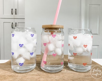 Color Changing Hearts Iced Coffee Cup Glass Can with Lid and Straw, Valentine’s Day Lights Beer Can Glass, Love Cup