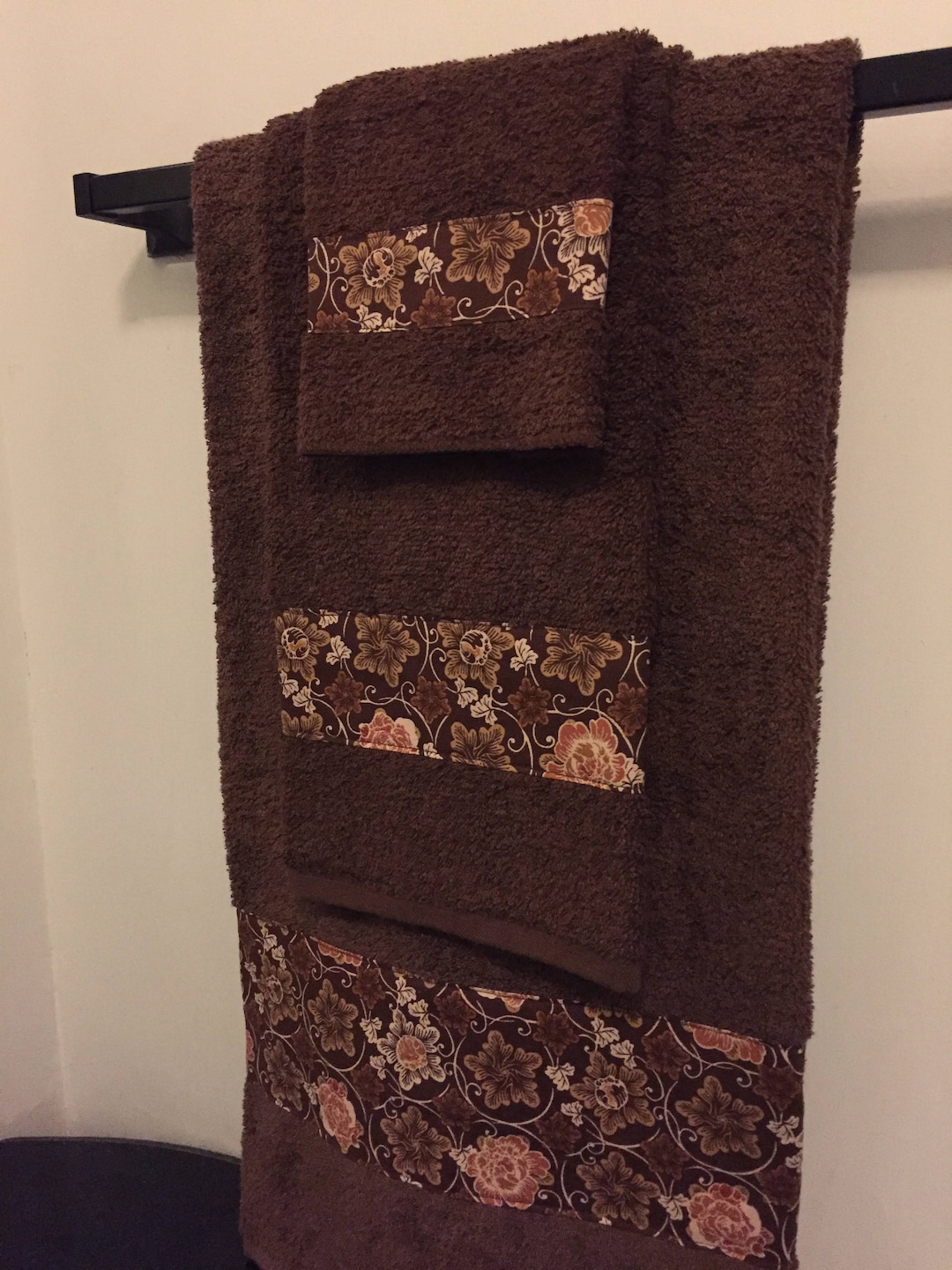 Handmade 3piece Dark Brown Bath Towel Set Trimmed With Dark Brown