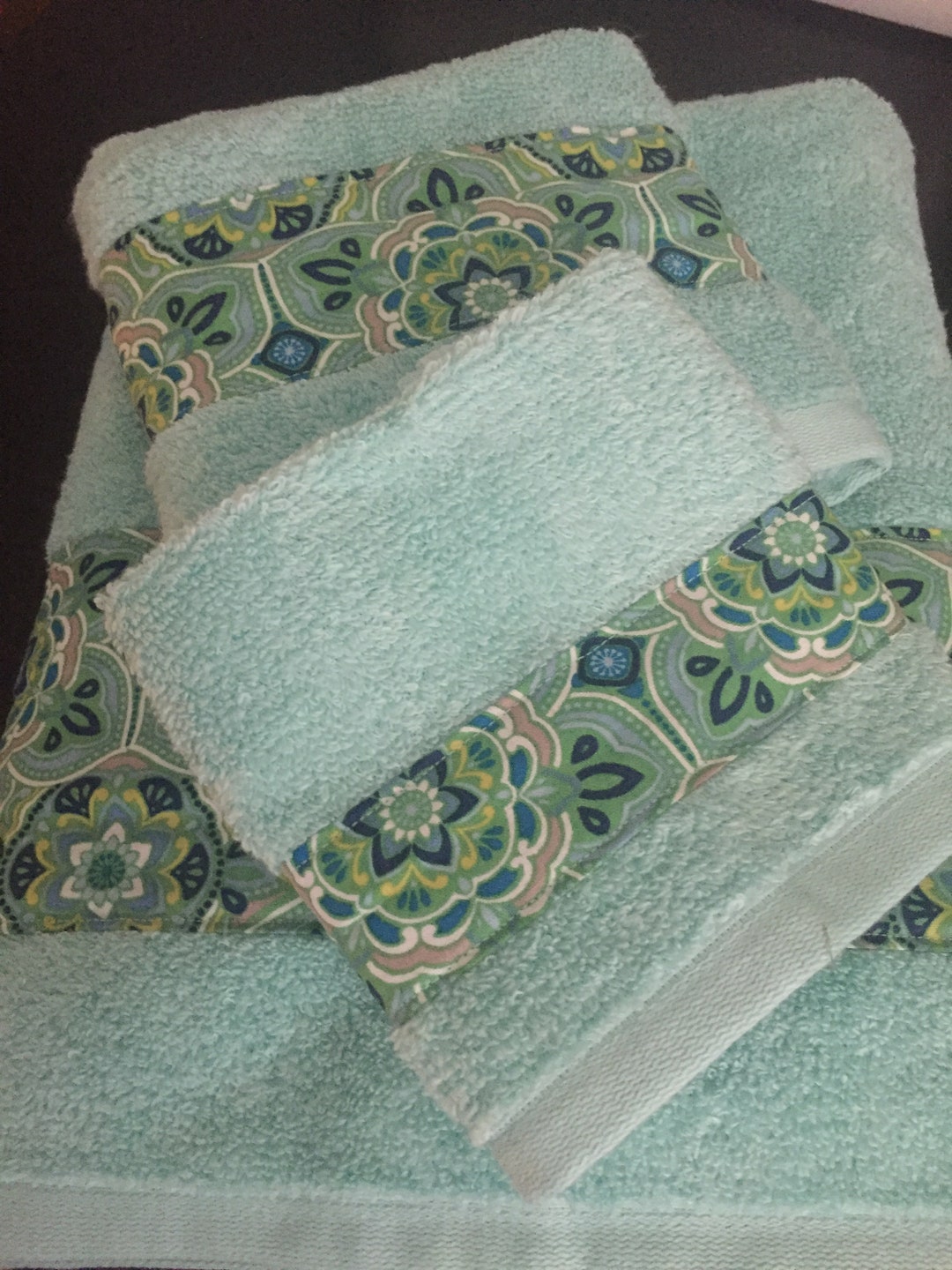 Aqua Handmade Hand Sewn 3piece Bath Towel Set Trimmed With Multi