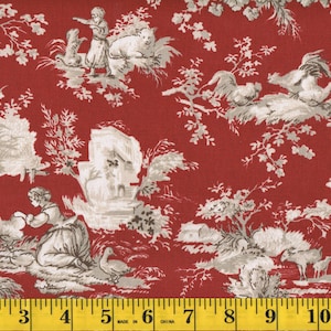 Fabric By The Yard, Beautiful Antique Toile, 100% Cotton, Ruby Red Colors, Machine Washable