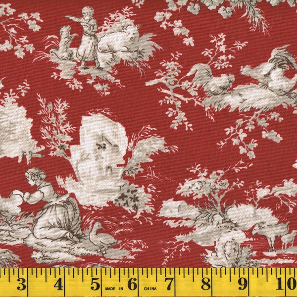 Fabric By The Yard, Beautiful Antique Toile, 100% Cotton, Ruby Red Colors, Machine Washable