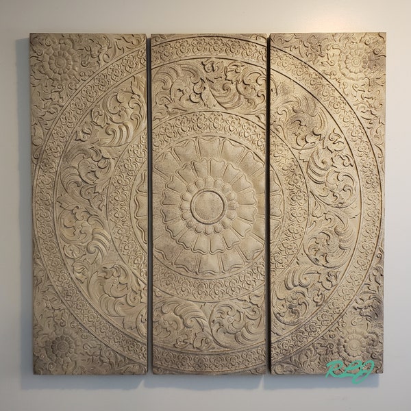 Large Decorative Faux Stone Floral Carved Medallion Set/3 Wall Art Panels Home Decor