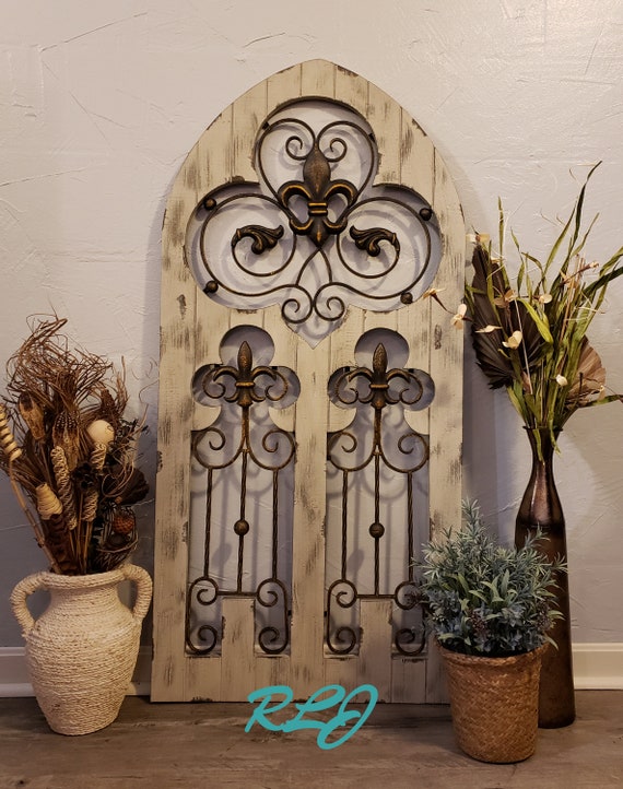 Distressed Rustic Southwest Arched Brown Wood Metal Wall Art Panel