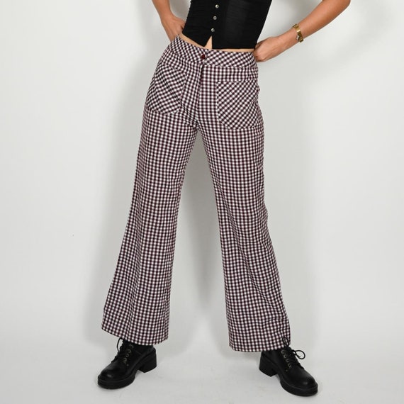 vintage 1970s high waist plaid flared pants - image 1