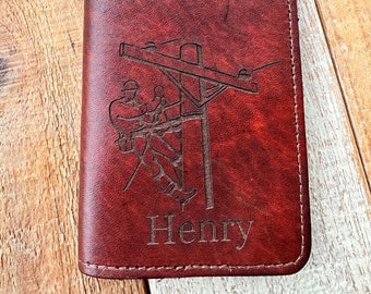 Gift For Lineman, Antique Finish Personalized Long Wallet, Custom Engraved Leather Wallet, Hand Made In The USA, Long Wallet With Snaps