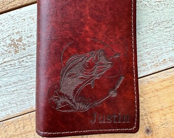 Personalized Bass Fisherman Wallet, Custom Engraved Long Leather Wallet, Hand Made In The USA, Long Wallet With Snaps, Antique Finish