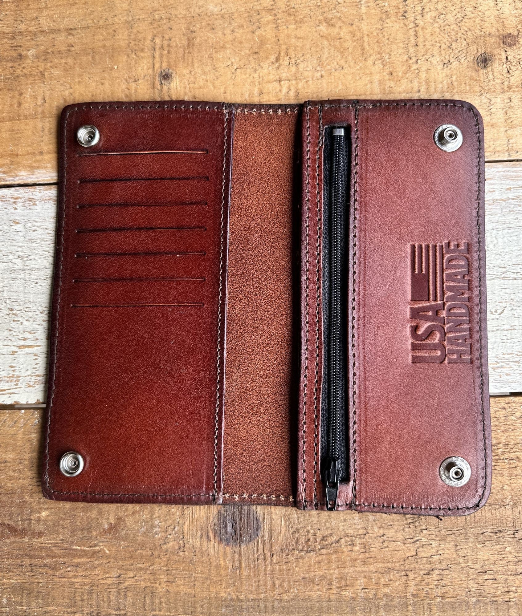 Personalized Bass Fisherman Wallet, Custom Engraved Long Leather Wallet, Hand Made in The USA, Long Wallet with Snaps, Antique Finish