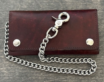 Handmade Long Leather Wallet, Biker Wallet With Chain, Antique Finish Leather Wallet With Snaps, Made In The USA 18” Detachable Chain