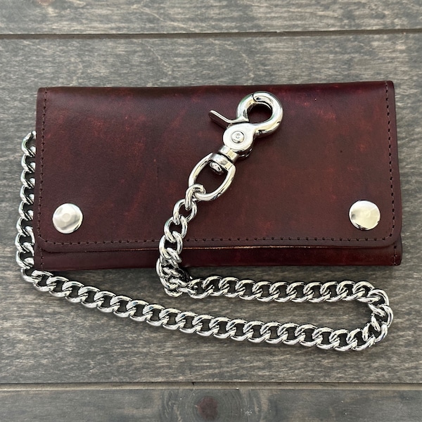 Handmade Long Leather Wallet, Biker Wallet With Chain, Antique Finish Leather Wallet With Snaps, Made In The USA 18” Detachable Chain