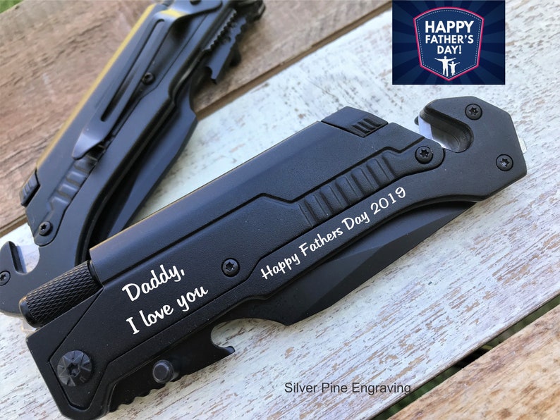 This pocket knife has a cool look, so definitely your dad will love it. You can customize it with his name, initials or any text you want.