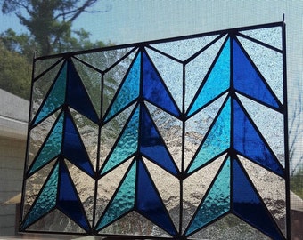 Mid-century Modern Blue & Clear Stained Glass Panel, Retro Art Glass, MCM Stained Glass, Mid-century Modern Window Hanging, Mid-Century