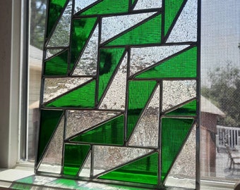 Retro Blue Yellow or Green geometric stained glass panel, falling triangle quilt pattern, mid-century modern glass design, window hanging