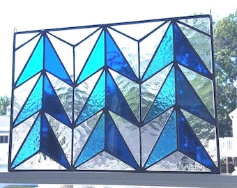 Blue Mid-Century Modern Stained Glass Window Panel: Art Deco Hanging