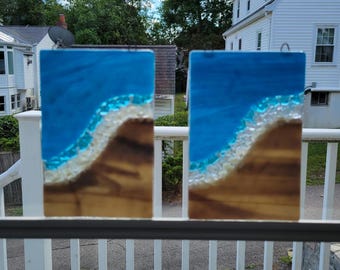 Fused Glass Beach Wave Panel: Nautical Window Suncatcher Home Decor