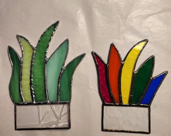 Stained Glass Succulent Plant Stake: Green, Blue, or Rainbow Colors