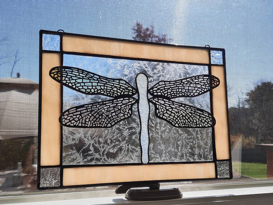 Dragonfly Stained Glass Panel W/ Brass Overlay Wingsyellow Etsy