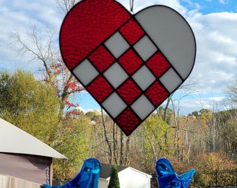 Red and White Stained Glass Heart - Scandinavian Window Wall Decor