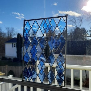 Layered Diamonds Stained Glass window hanging panel in textured art glass makes a special gift or present. Use as a pretty bird deterrent.