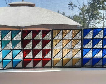 Triangles Stained Glass Window Panel: Red & White Houndstooth, MCM Design