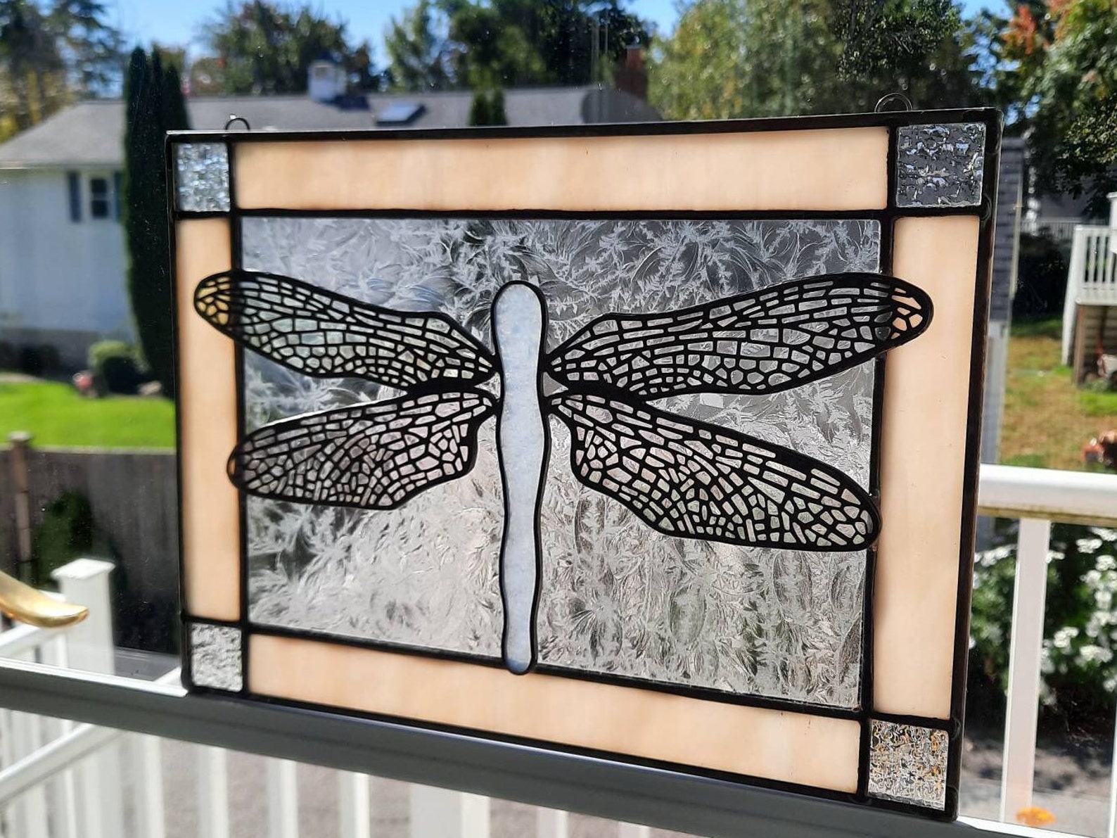Dragonfly Stained Glass Panel W/ Brass Overlay Wingsyellow Etsy