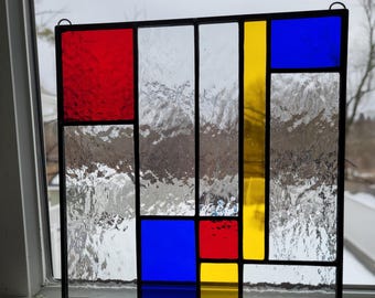 Mondrian Stained Glass Panel, Modern Art Window Hanging