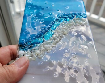 Small Fused Glass Beach Wave Panel: Nautical Window Suncatcher Home Decor
