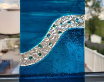 Fused Glass Wave Suncatcher, Blue Ocean Beach Decor, Window Art Panel