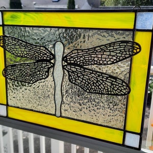 Dragonfly Stained Glass Panel w/ Brass Overlay Wings-Yellow, Purple, Green, Light Pink or Amethyst Nature hanging panel, in stock now