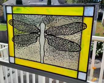 Dragonfly Stained Glass Panel: Brass Overlay Wings, Nature Window Art