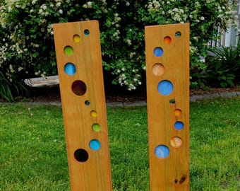 Wood and Glass Garden Art Sculpture: Outdoor Yard Plant Stake