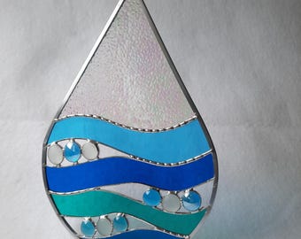 Blue Stained Glass Raindrop with Gems for your home and garden