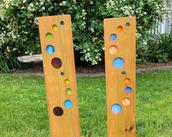Wood and Glass Garden Sculpture: Outdoor Yard Plant Stake