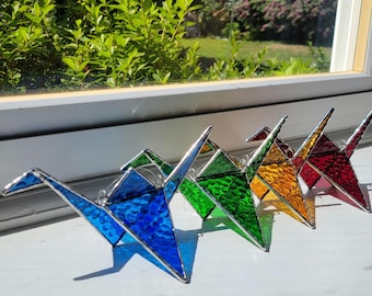 Stained Glass Origami Crane ornament, Good Fortune Gift, 3D suncatcher, Home Decor