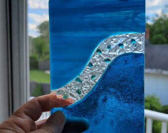 Small Fused Glass Wave Suncatcher, Blue Ocean Beach Decor, Window Art Panel